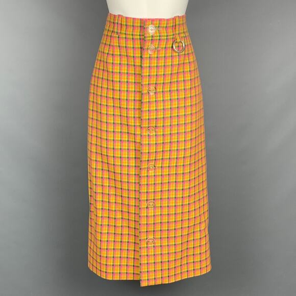 4 Yellow & Pink Check Print Wool / Viscose High Waisted Midi Skirt - Picture 1 of 1